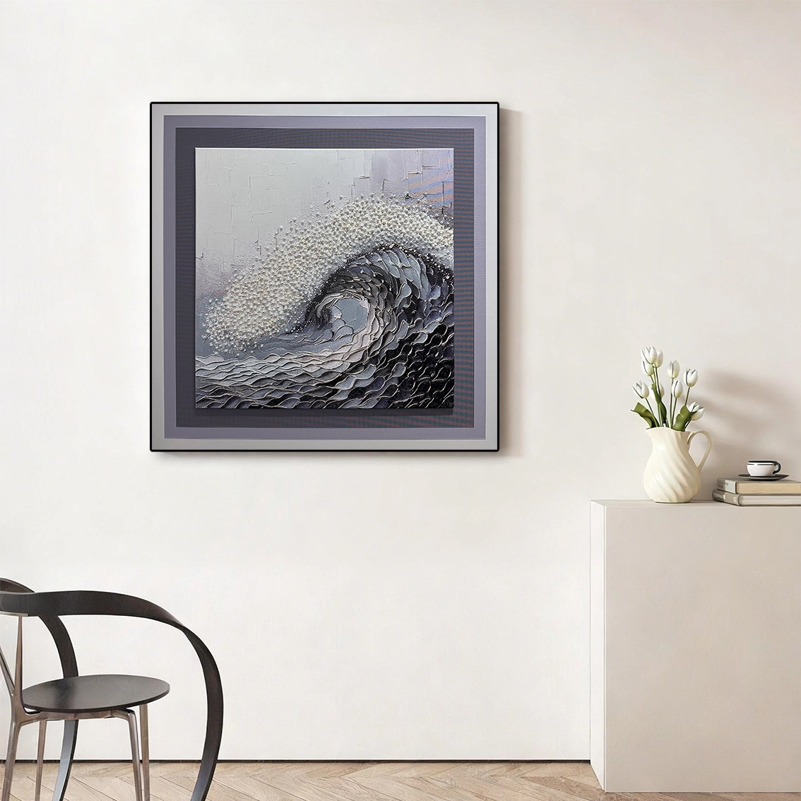 Modern textured wave wall art with pearl inlay displayed as elegant wall decor in a minimalist living room.