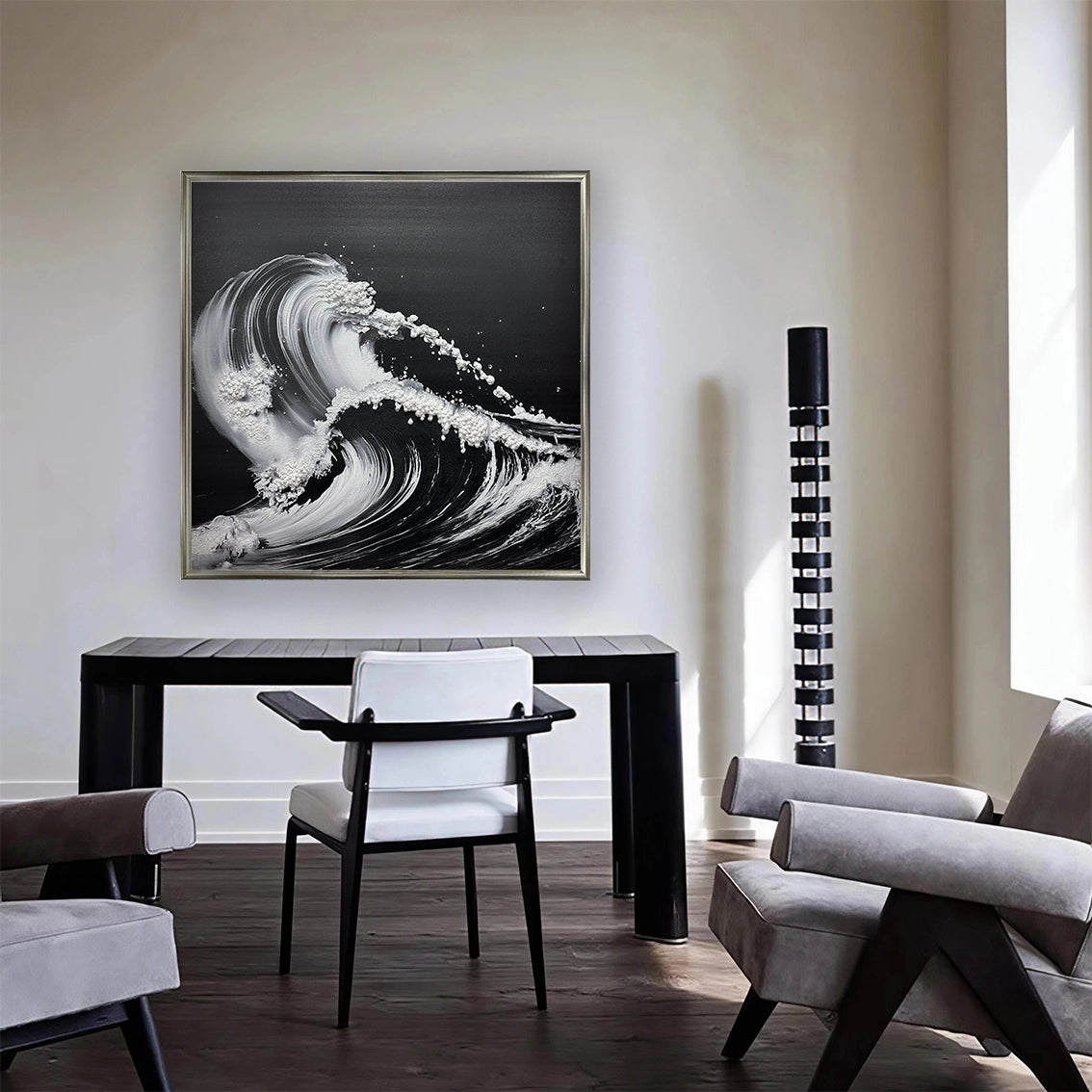 Modern wave wall art with heavy texture and pearl inlay, shown as refined wall decor in a contemporary living room.