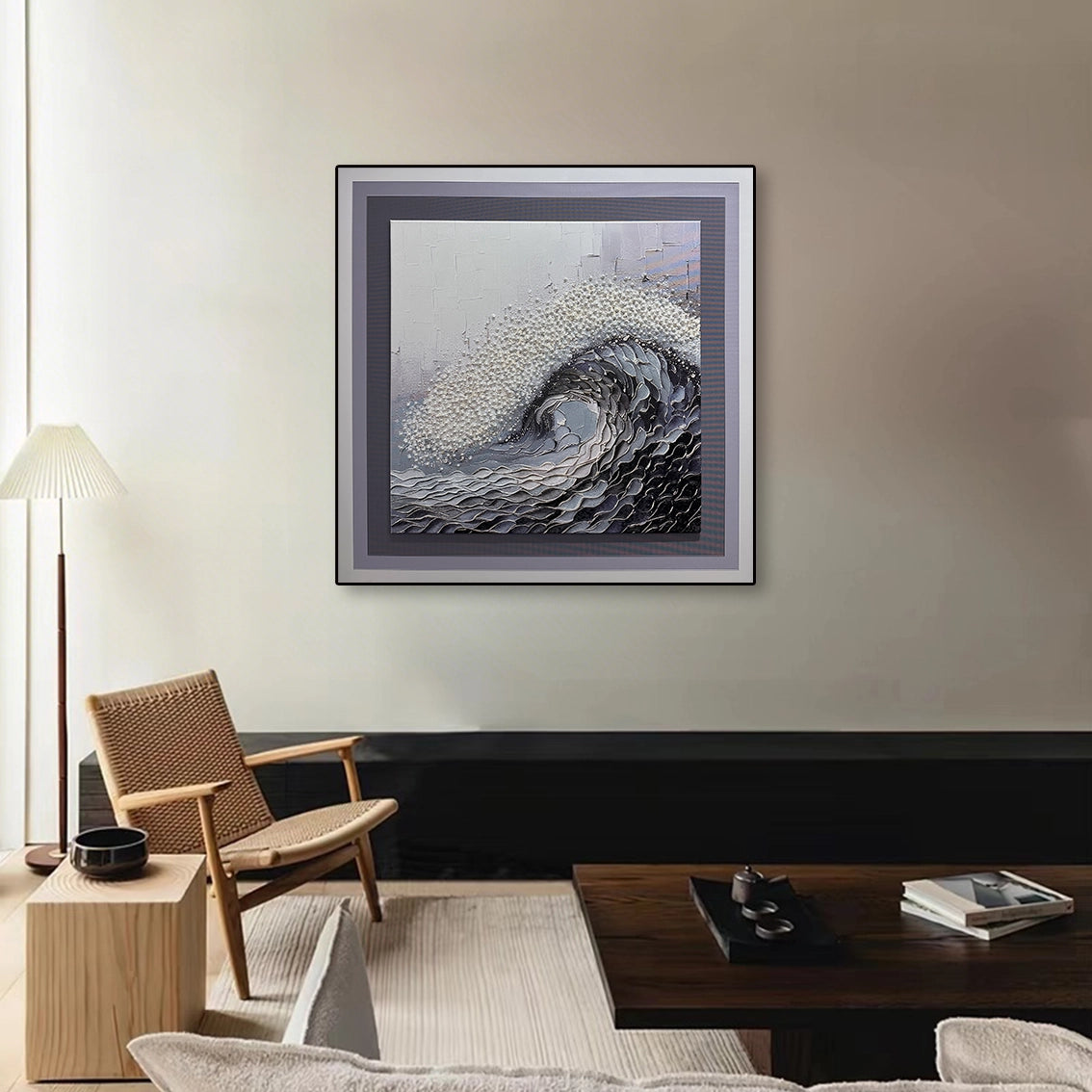 Modern wave wall art with textured pearl inlay displayed as stylish wall decor in a cozy living room interior.