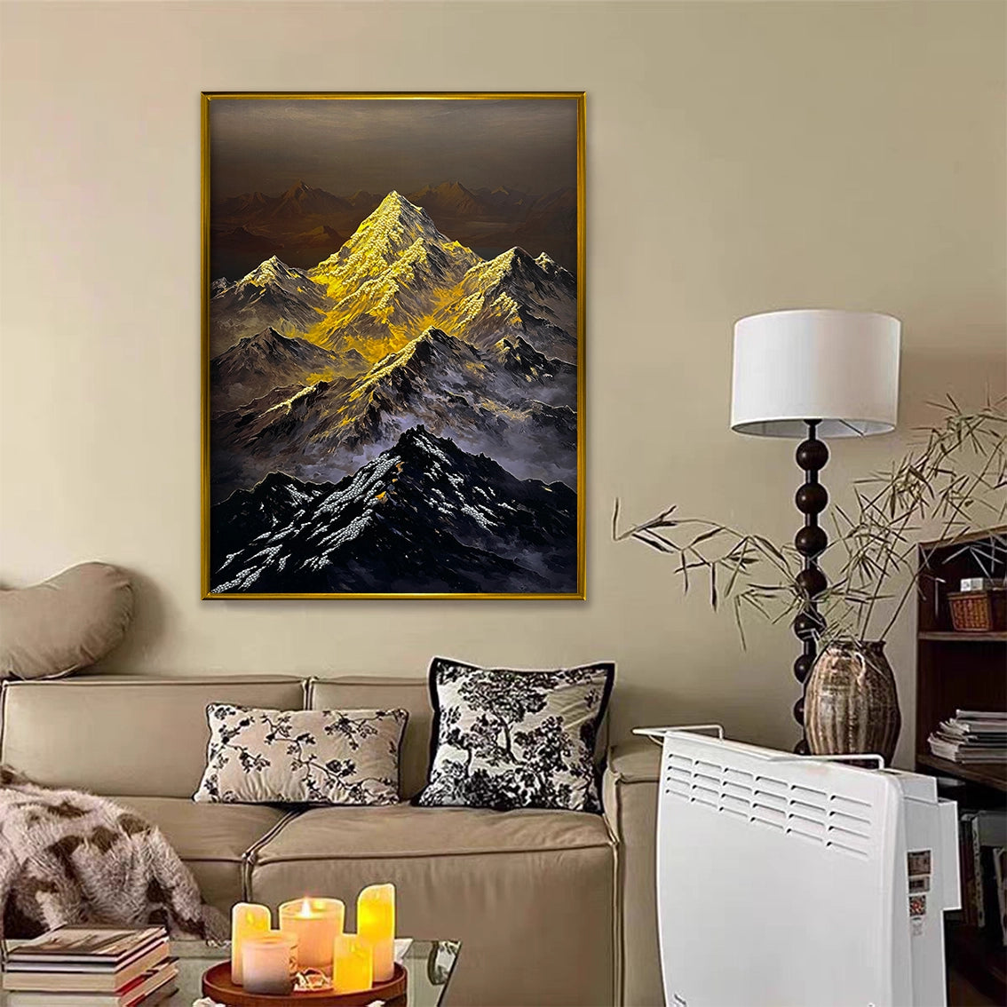 Textured mountain wall art with pearl inlay adding a luxurious touch to a cozy living room space.