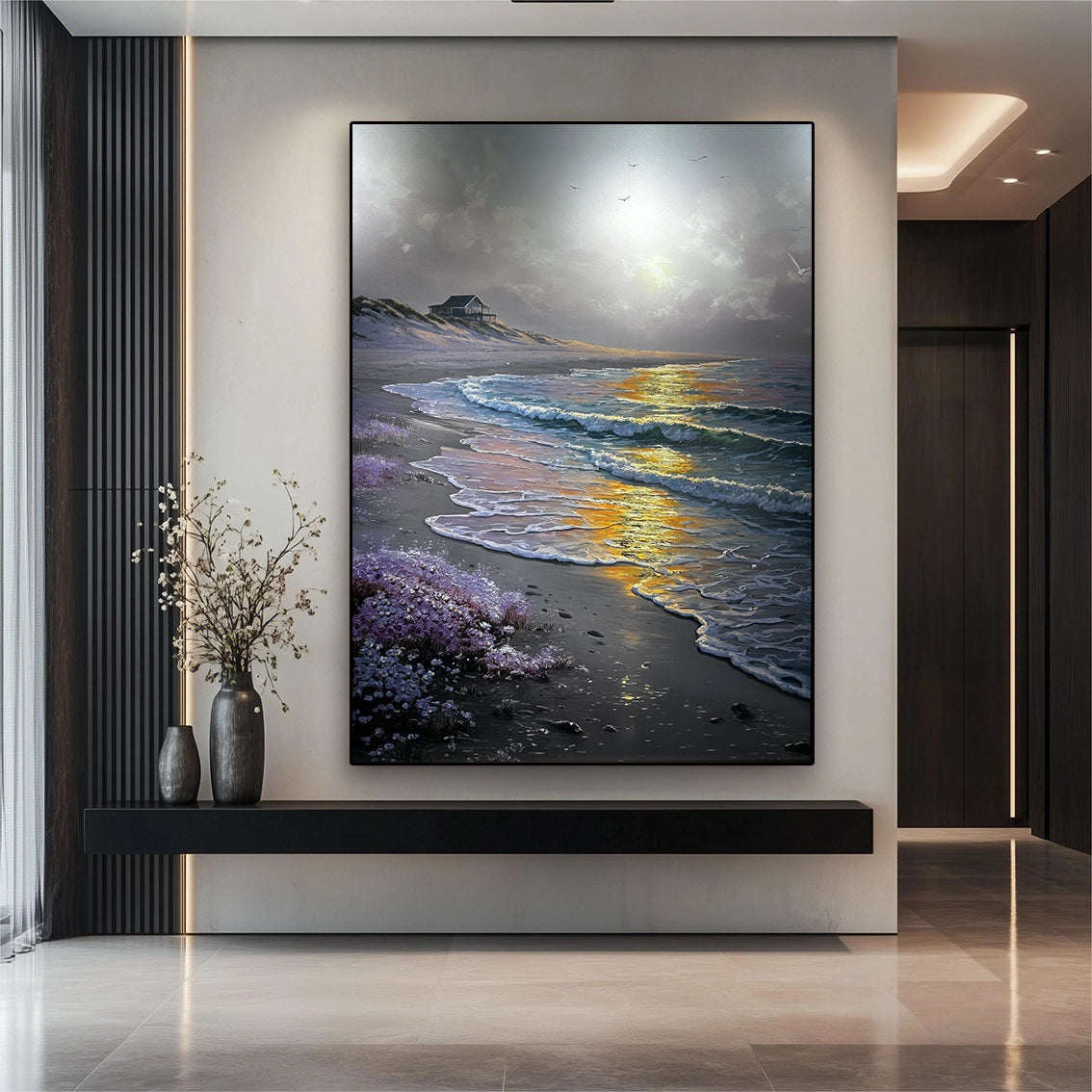 Ocean sunset textured wall art with pearl accents hanging in a luxury hallway interior.