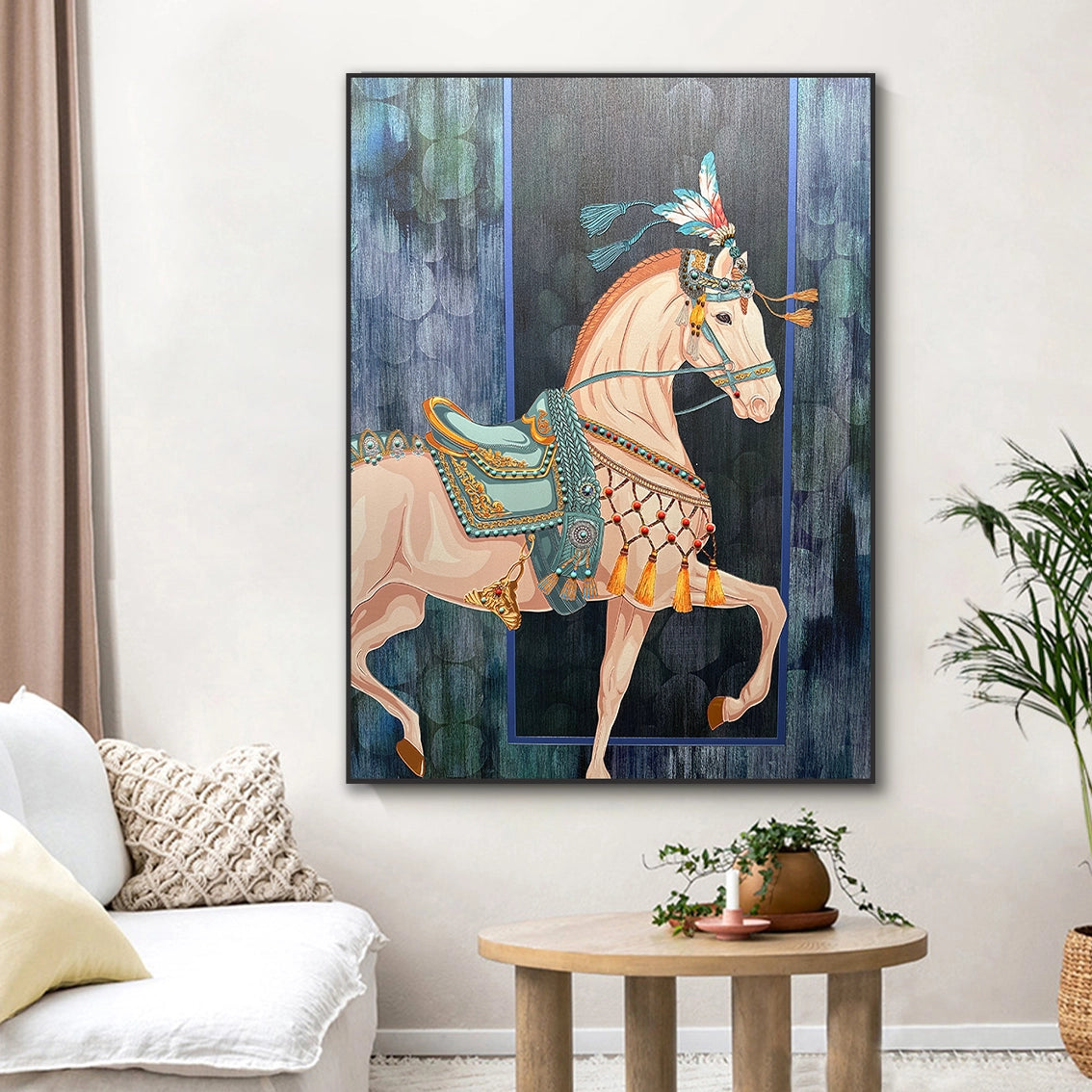 Boho pearl horse wall art for living room home wall decor.