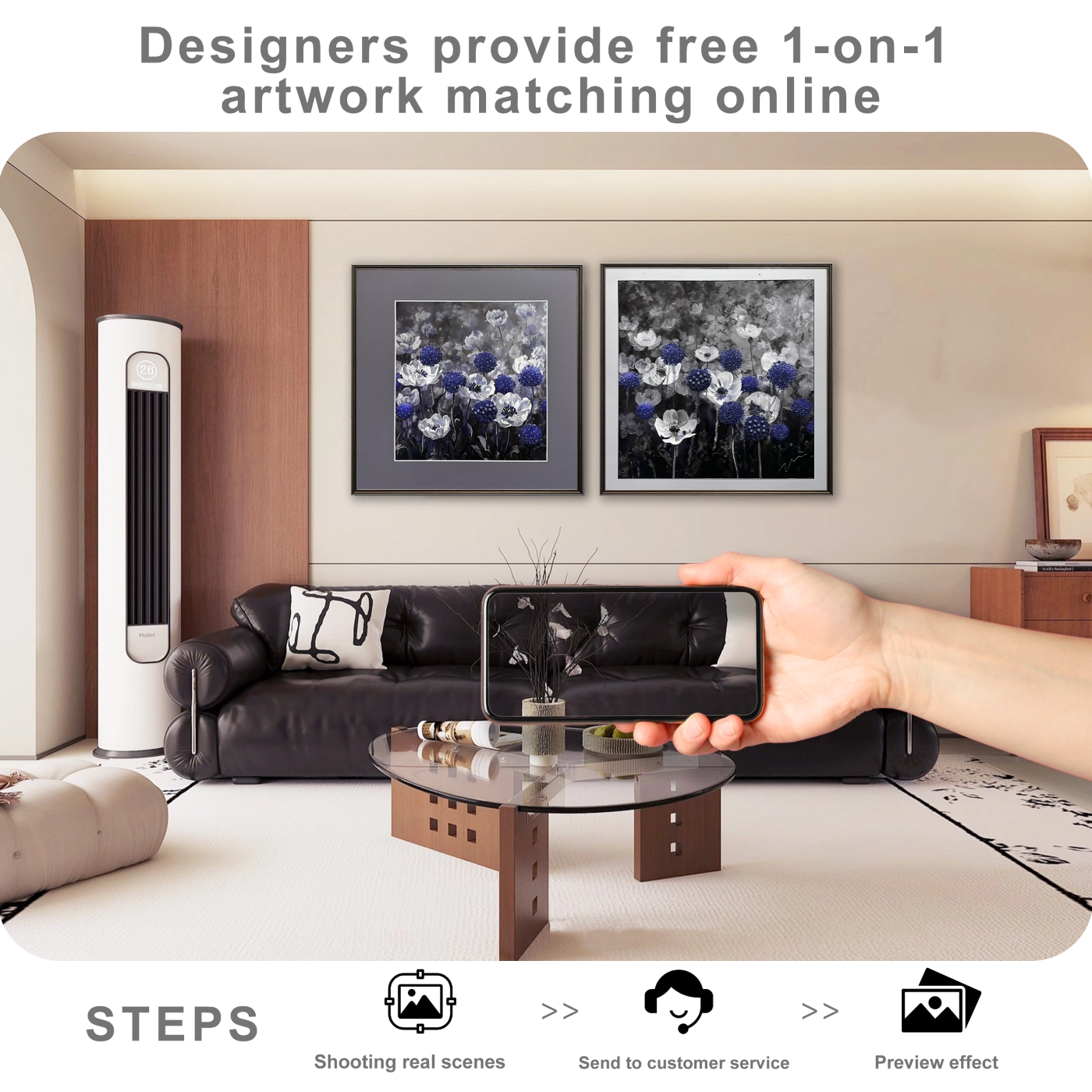 Free online artwork matching service showing wall art placement preview for modern home decor styling.