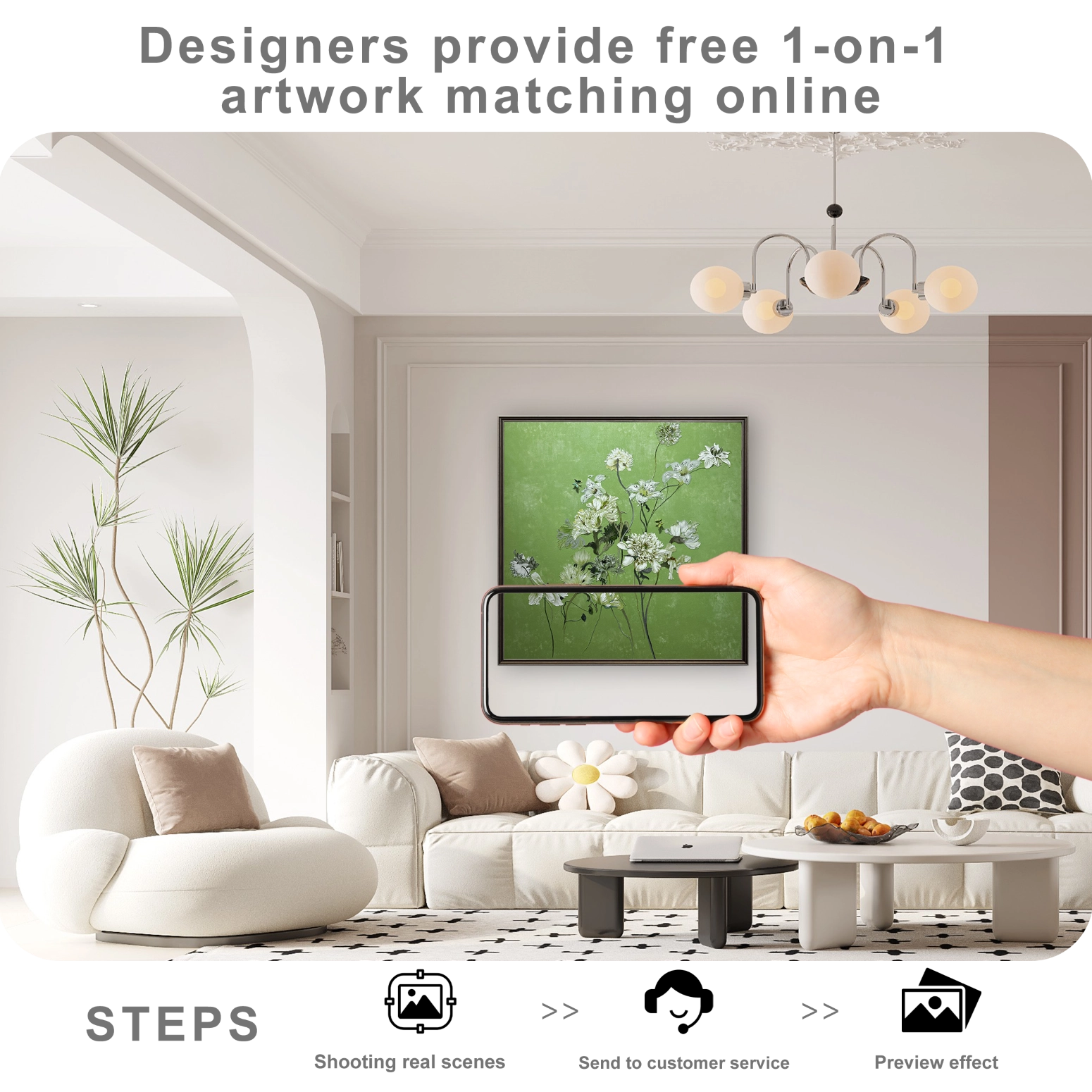 Free online artwork matching service showing wall art placement preview for modern home decor styling.