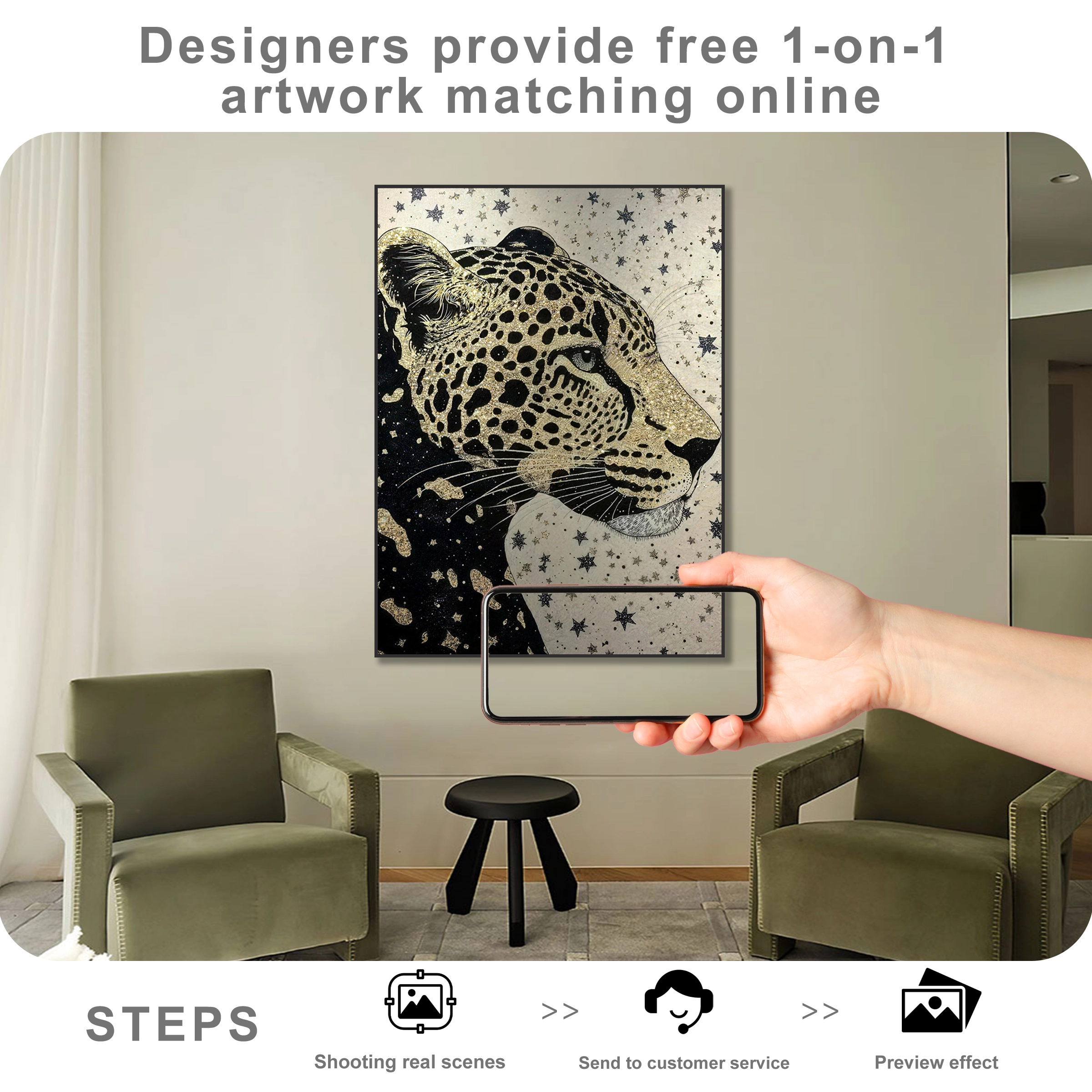 Free online artwork matching service showing wall art placement preview for modern home decor styling.