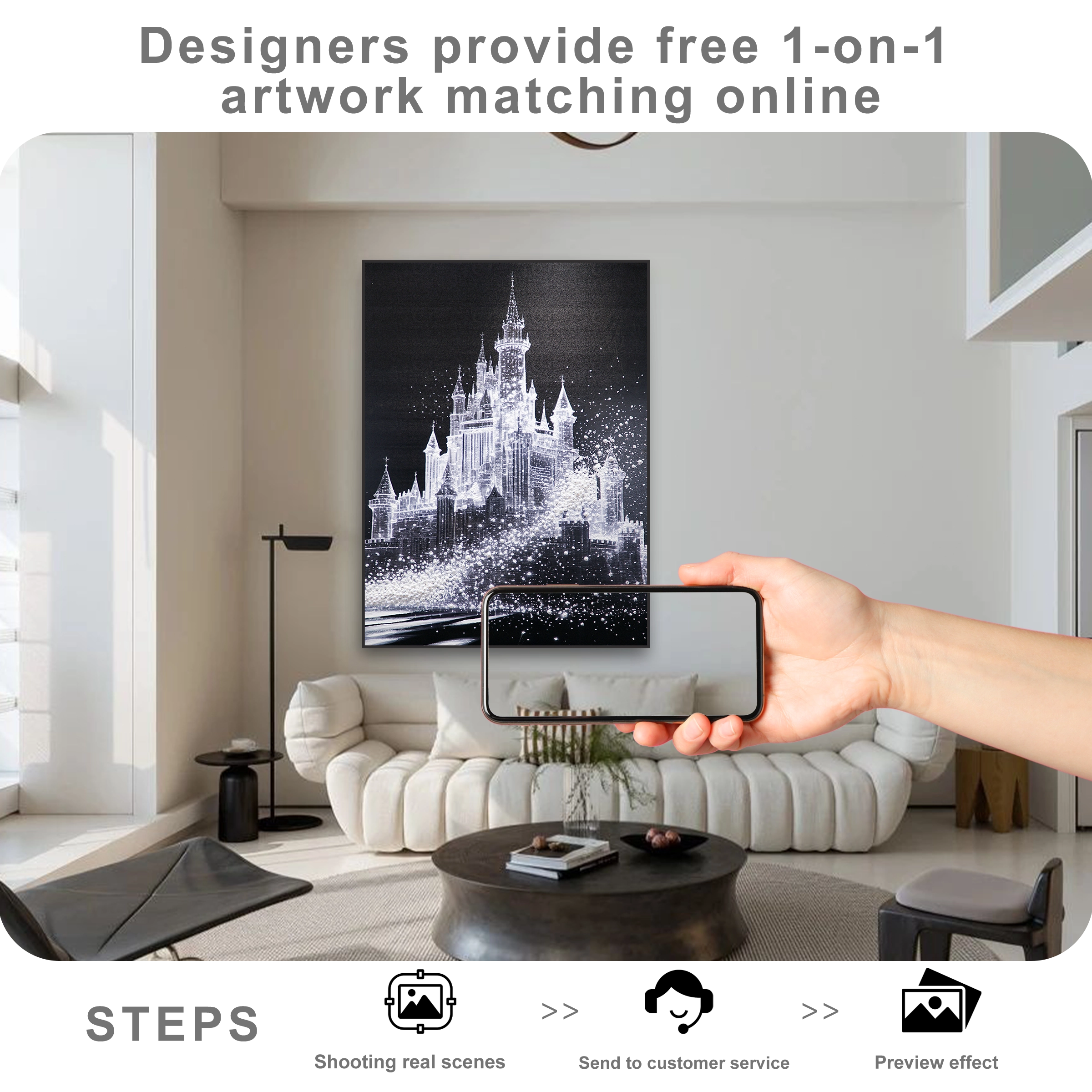 Free online artwork matching service showing wall art placement preview for modern home decor styling.