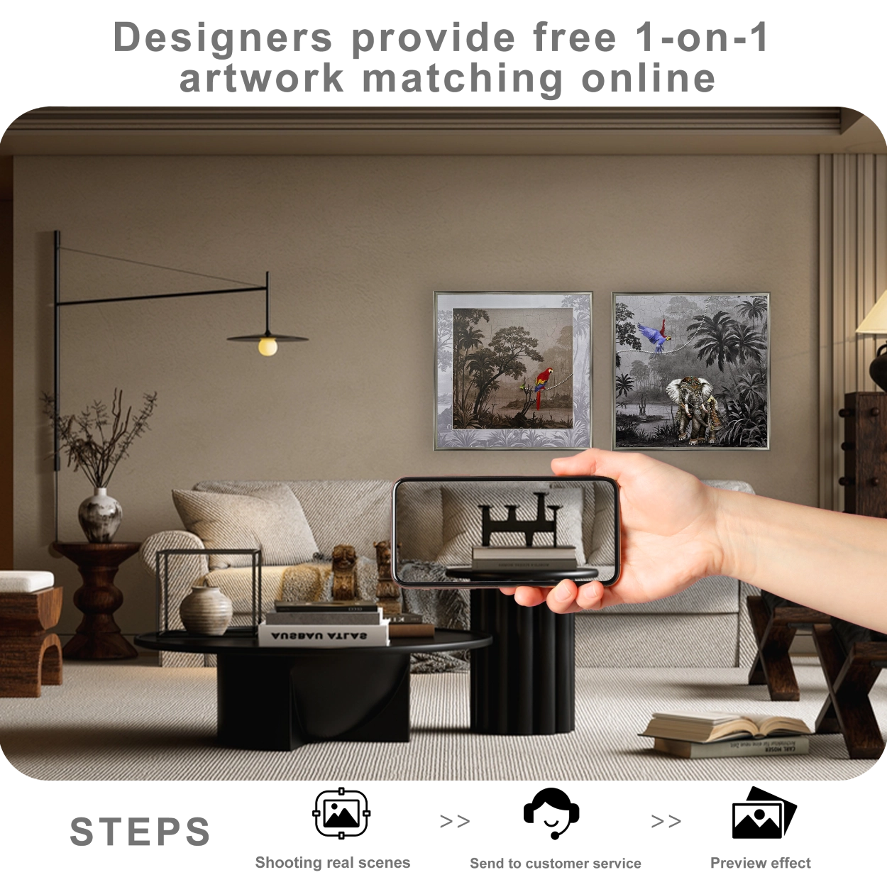 Free online artwork matching service showing wall art placement preview for modern home decor styling.