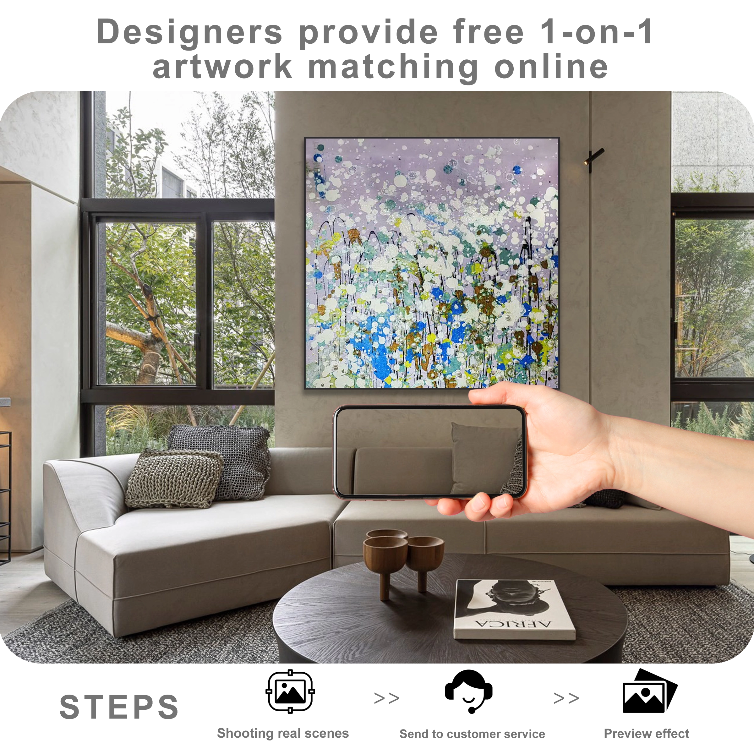 Free online artwork matching service showing wall art placement preview for modern home decor styling.