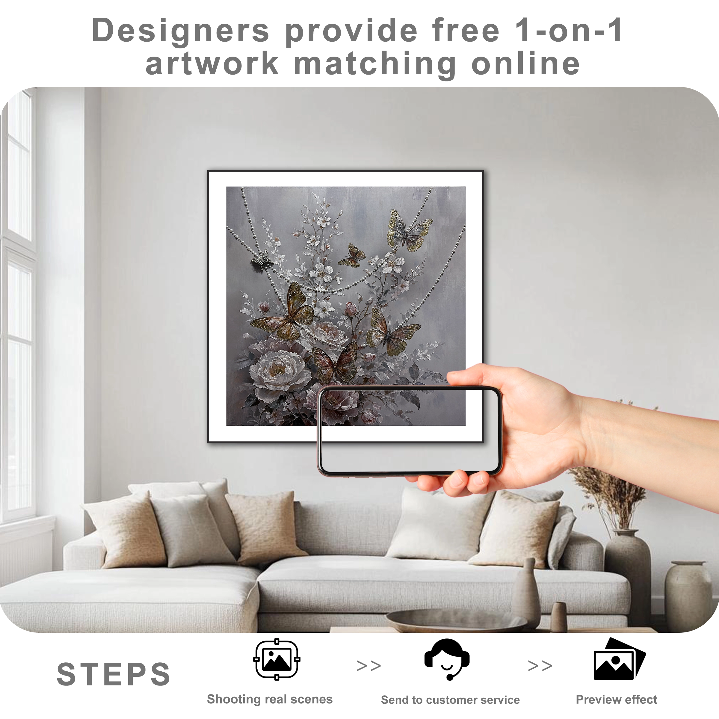 Free online artwork matching service showing wall art placement preview for modern home decor styling.
