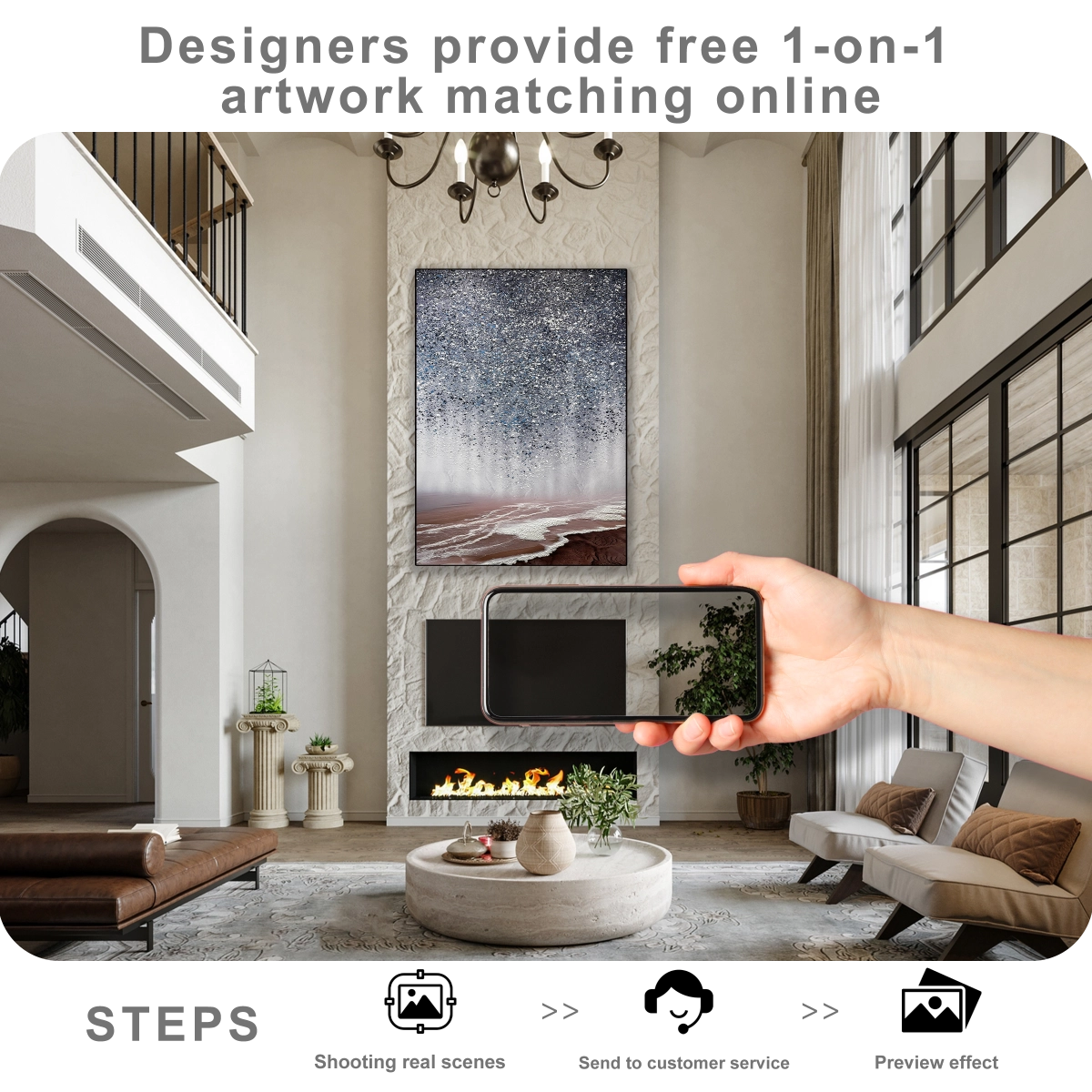 Free online artwork matching service showing wall art placement preview for modern home decor styling.