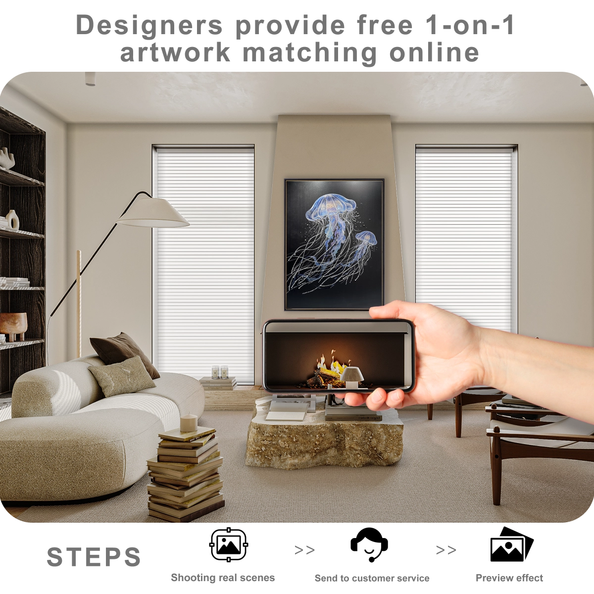 Free online artwork matching service showing wall art placement preview for modern home decor styling.
