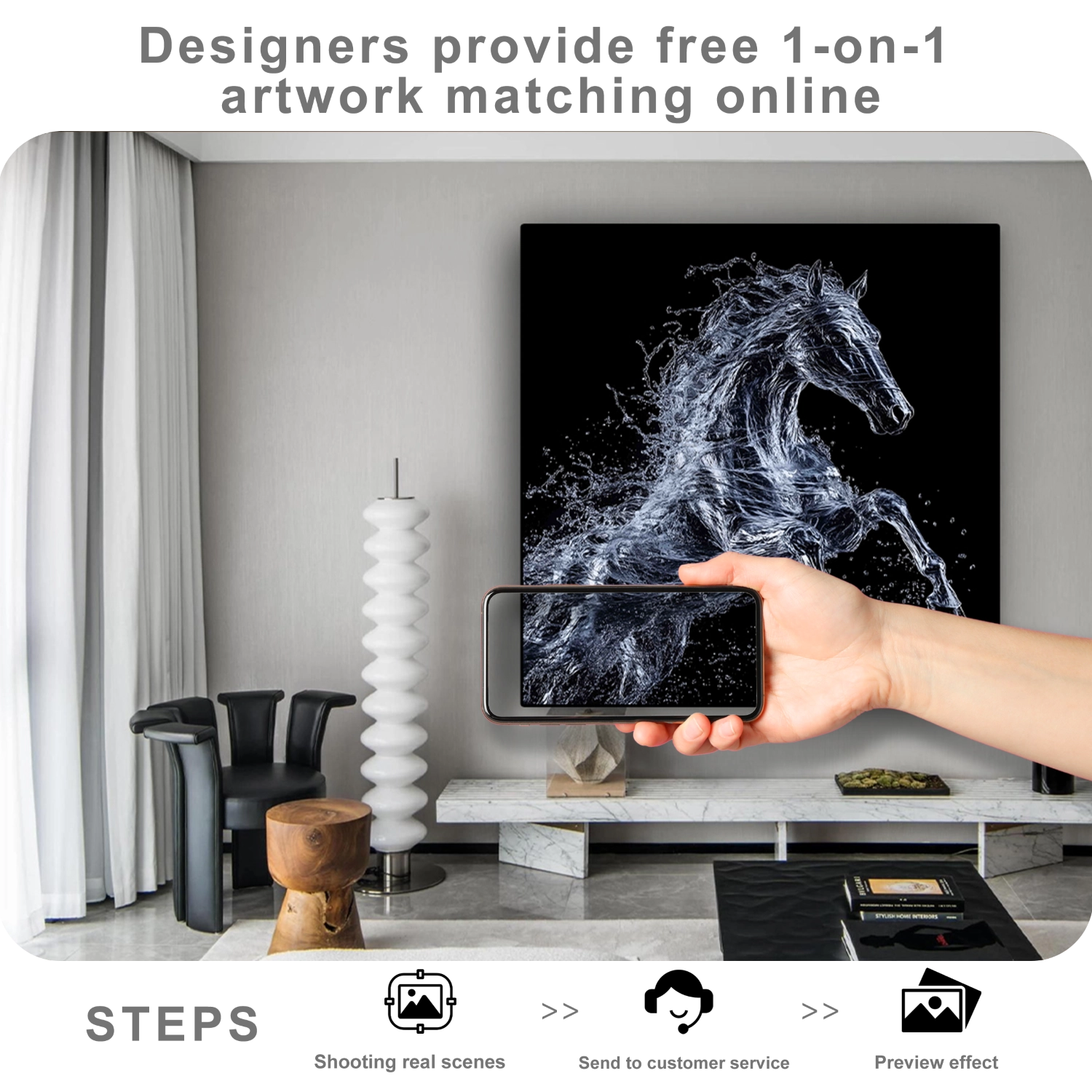 Free online artwork matching service showing wall art placement preview for modern home decor styling.