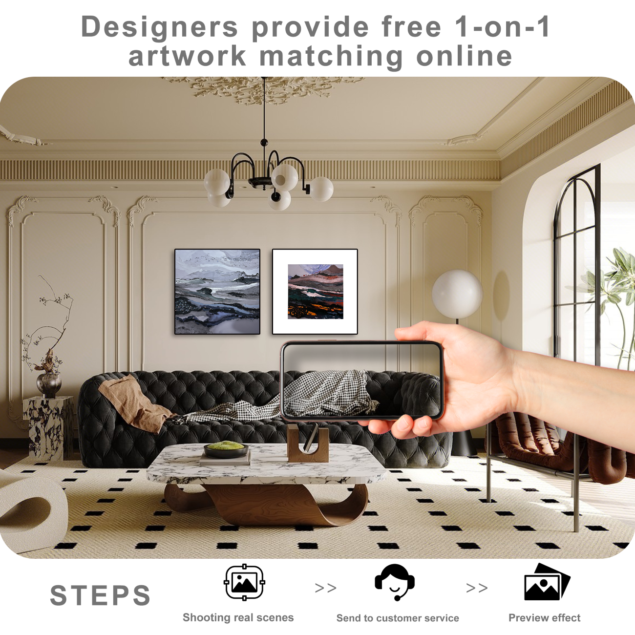 Free online artwork matching service showing wall art placement preview for modern home decor styling.