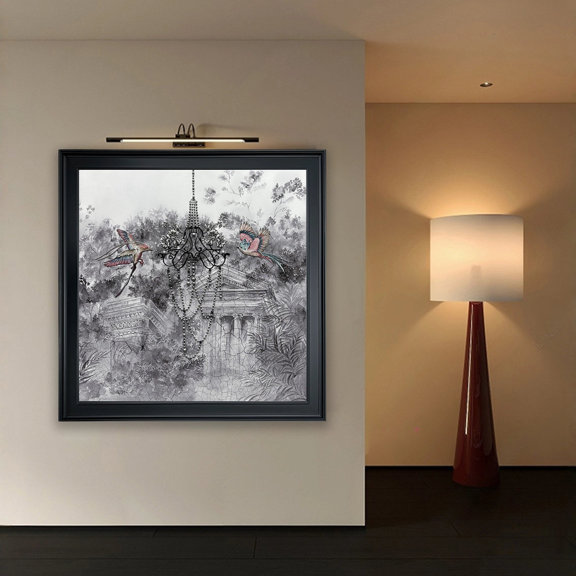 Pearl embellished chandelier and bird textured wall art showcased in elegant hallway decor.
