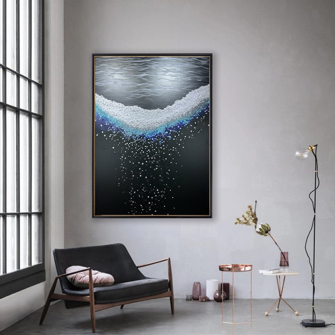 Pearl and crystal textured wall art displayed in modern room, luxury handcrafted décor.