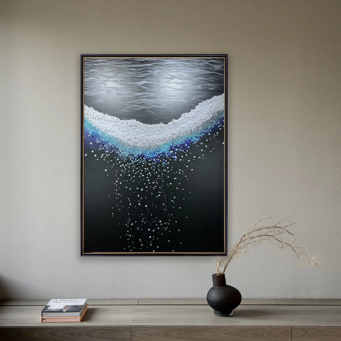 Ttextured wall art with pearl and crystal accents shown in a minimalist interior, emphasizing rich tactile details.