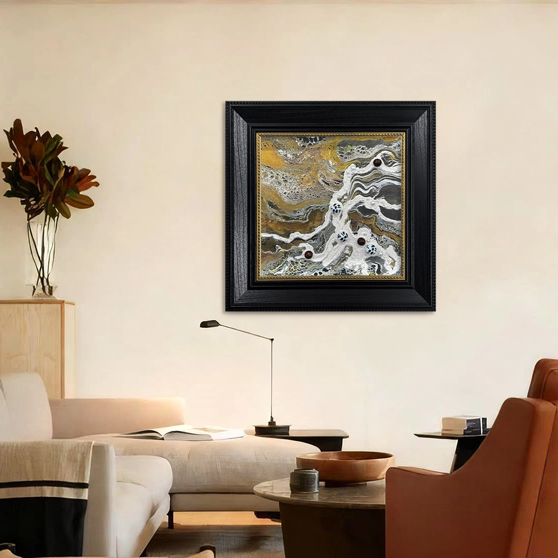 Textured wall art with pearl and crystal inlay, abstract design. Ideal for modern minimalist wall décor and home styling.