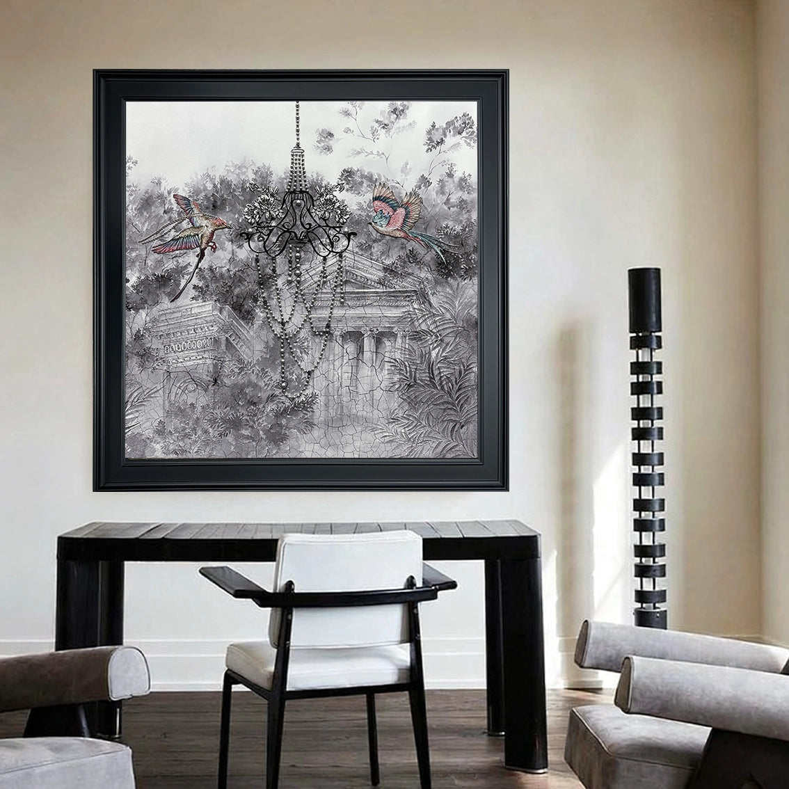 Chandelier and bird themed pearl textured wall art enhancing a clean modern home interior.