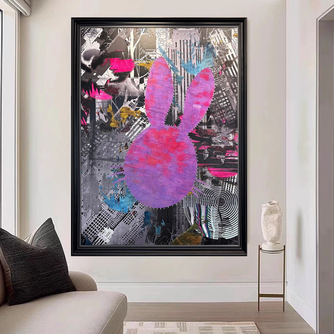 Pink bunny abstract wall art adding modern artistic flair to a minimalistic home interior scene.