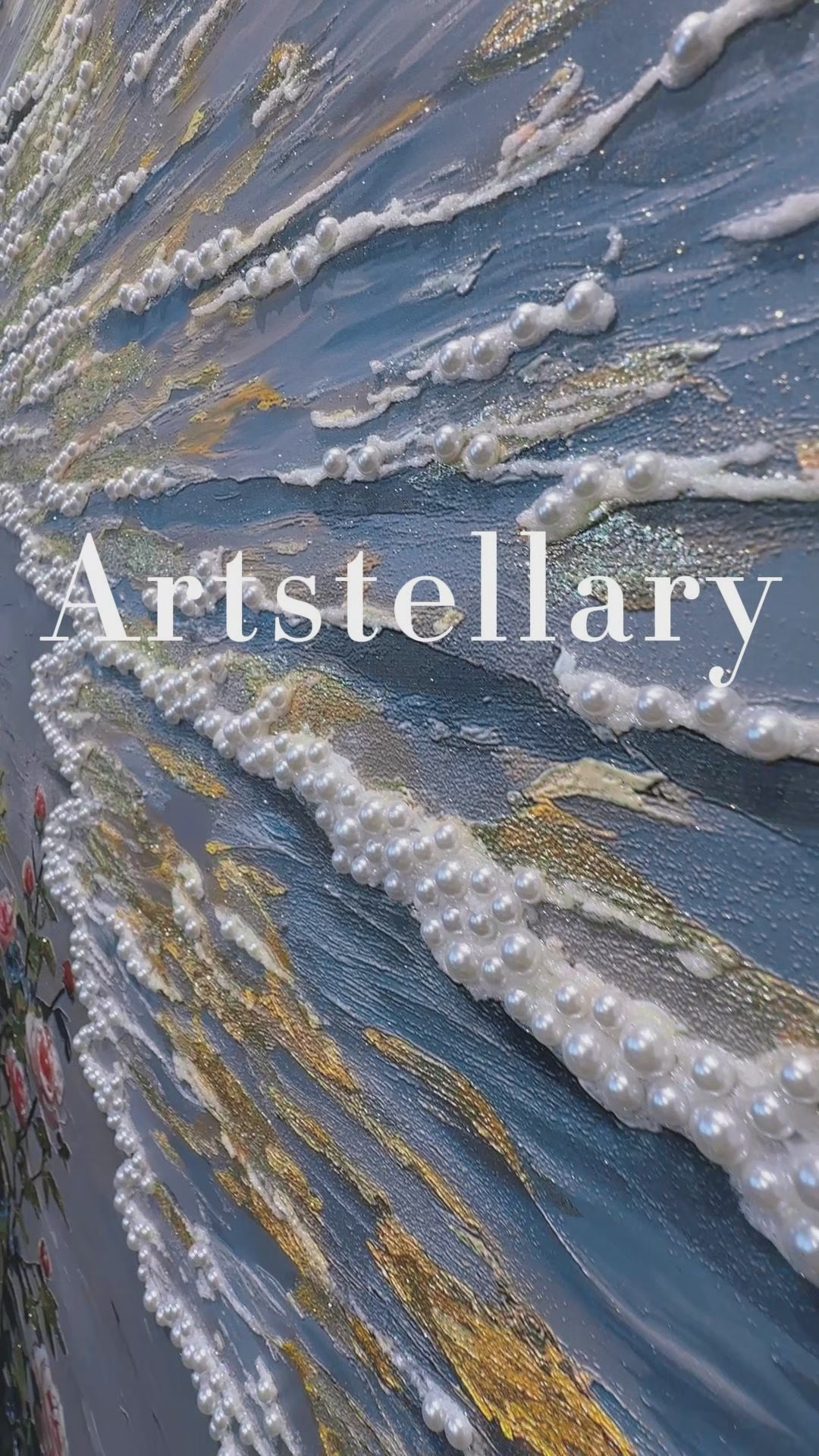Video showing 3D textured wall art with pearl and crystal inlay, highlighting surface texture, layered relief, and handcrafted details.