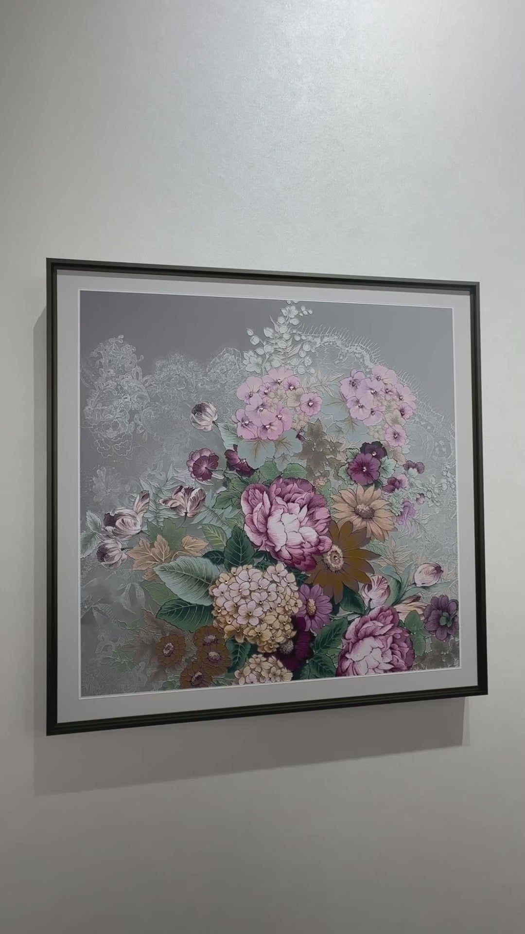 Video showing 3D textured wall art with pearl and crystal inlay, highlighting surface texture, layered relief, and handcrafted details.