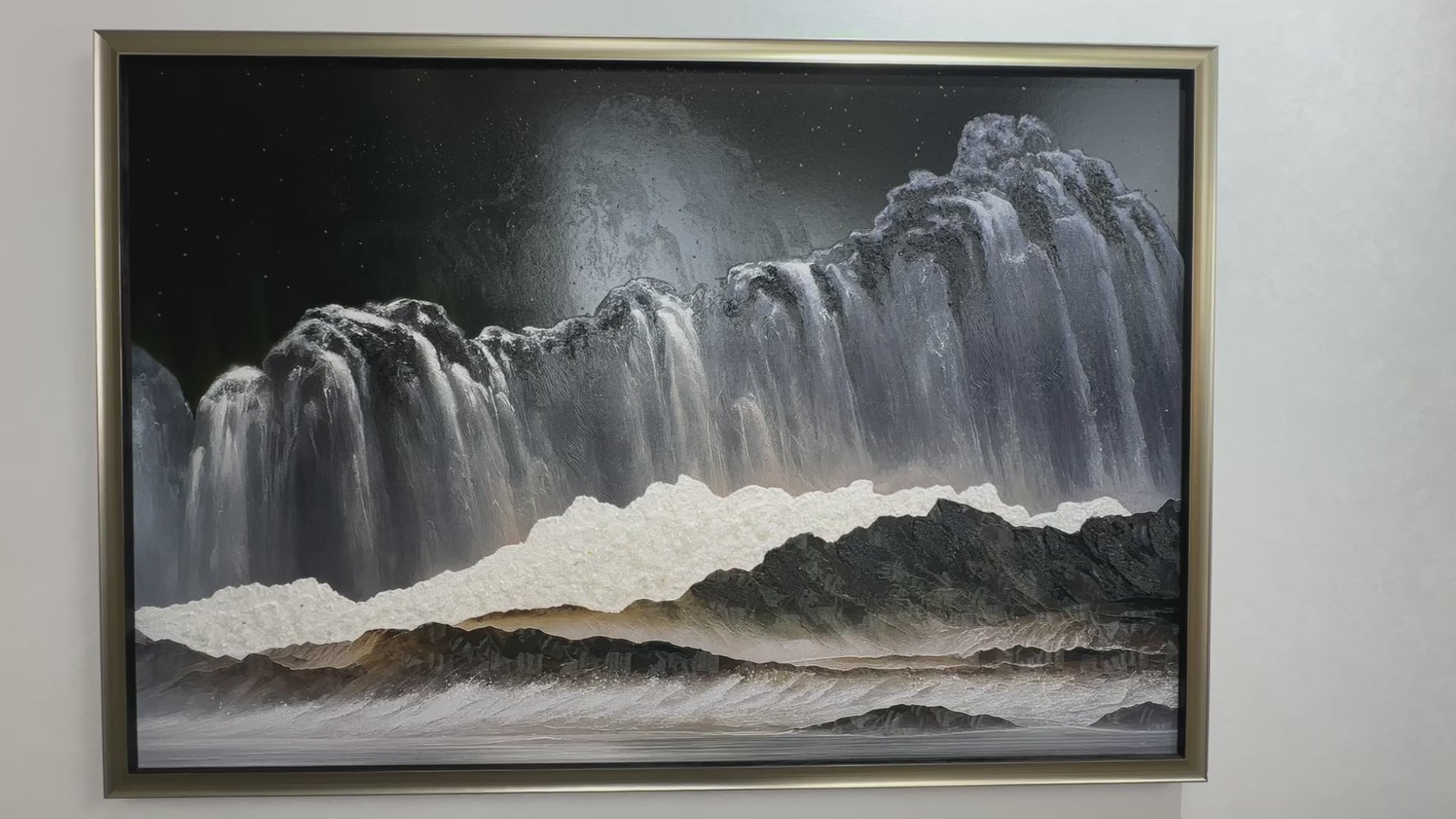 Video showing 3D textured wall art with pearl and crystal inlay, highlighting surface texture, layered relief, and handcrafted details.