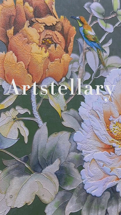 Video showing 3D textured wall art with pearl and crystal inlay, highlighting surface texture, layered relief, and handcrafted details.