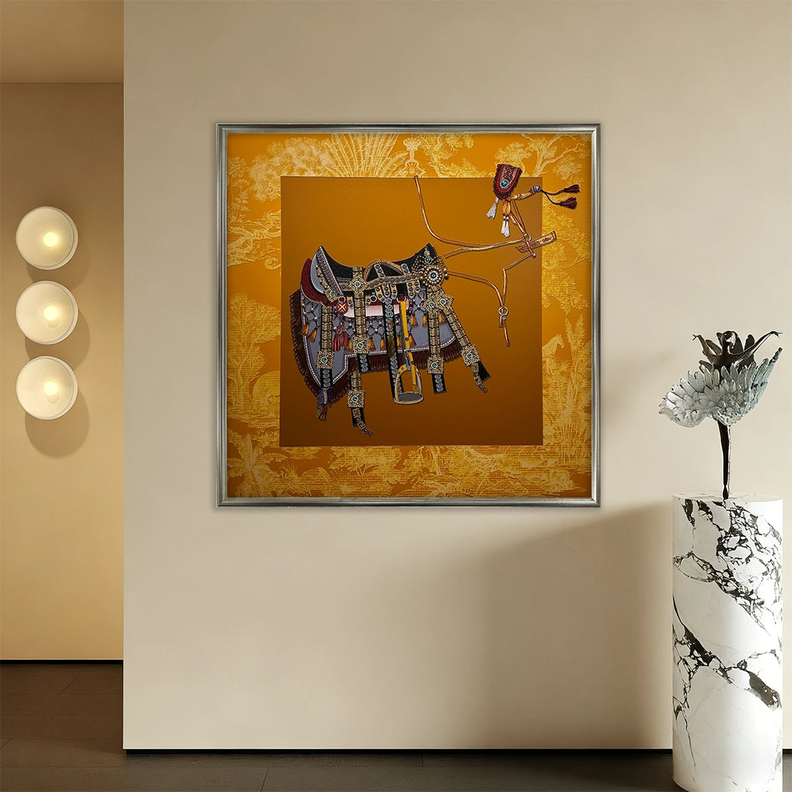 Saddle pearl textured wall art bringing warm tones and elegant detail to a contemporary living space.