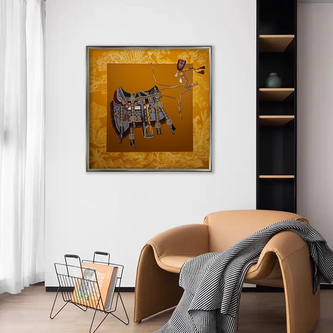 Saddle pearl textured wall art adding sophisticated decor to a modern reading corner.