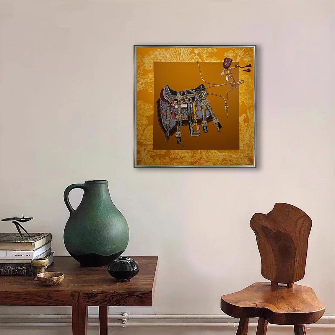 Luxury saddle pearl textured wall art adding refined decor to a modern room with natural wood elements.