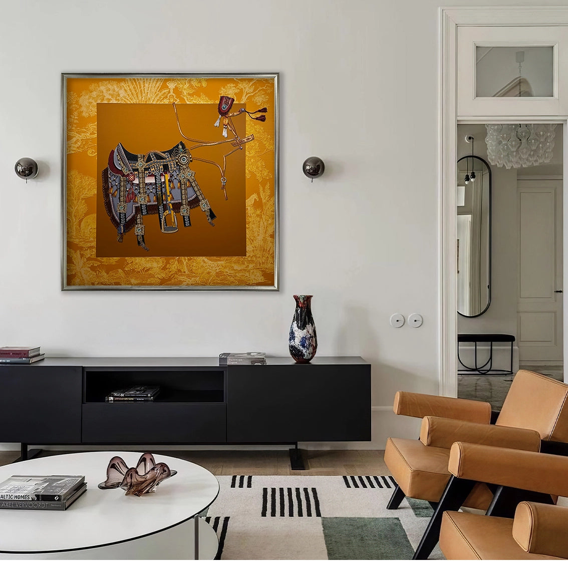 Luxury saddle pearl wall art displayed above a console table, enhancing modern home wall decor.