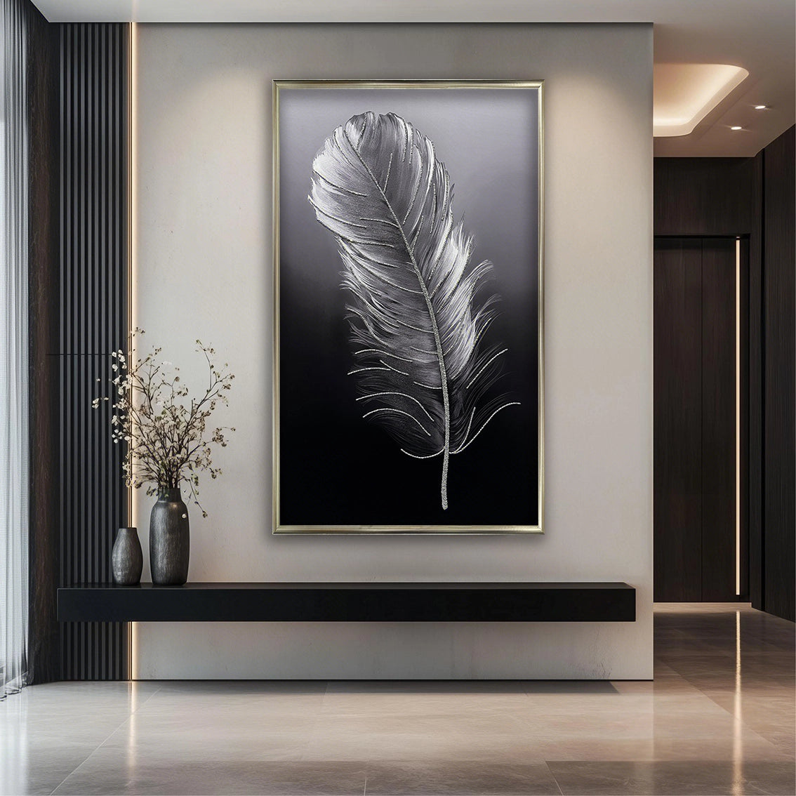 Black and silver feather wall art featuring diamond inlay, adding luxury style to modern interior decor.