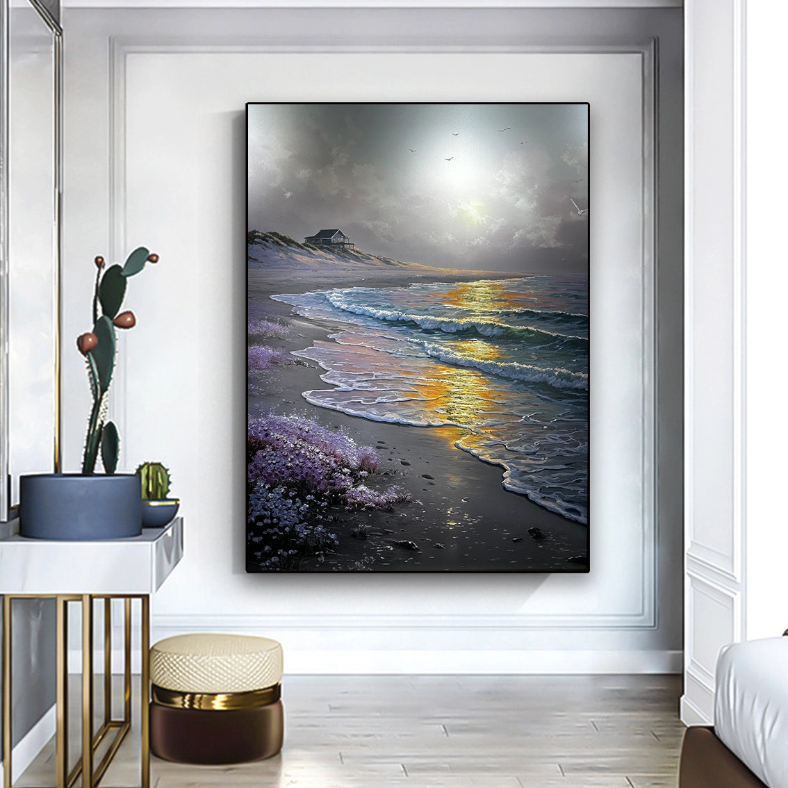 Sunset ocean wall art with textured waves displayed in a modern entryway interior.