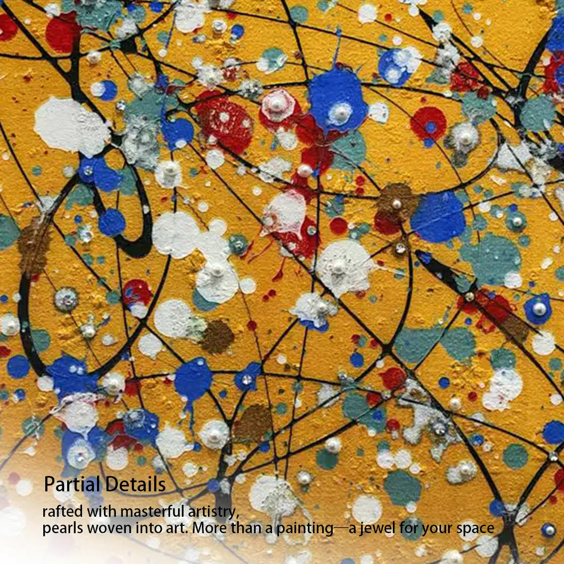 Close-up of textured abstract pearl wall art showing layered paint and pearl embellishments.