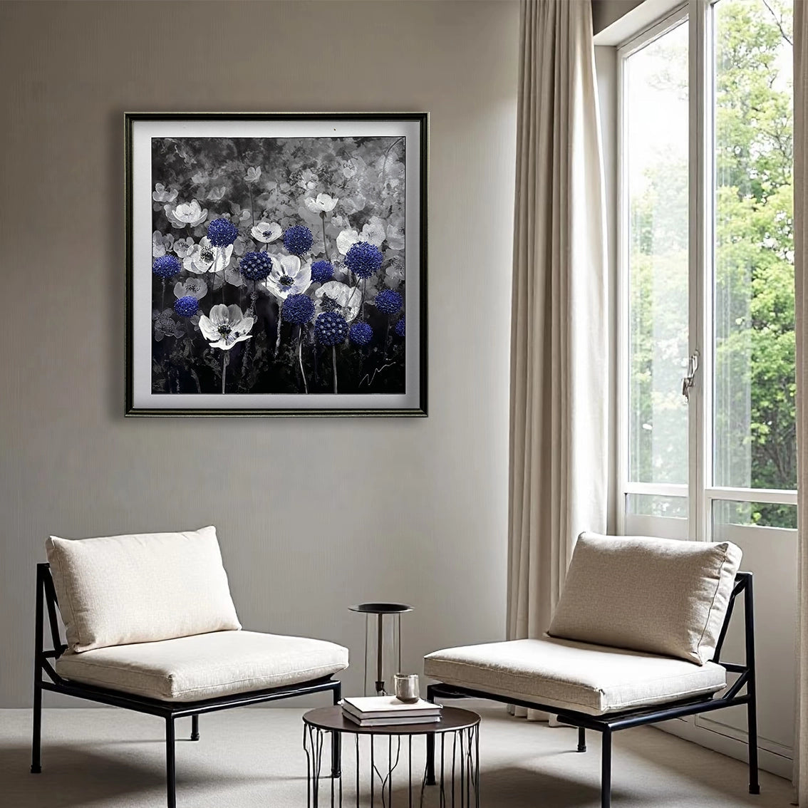 Blue and white floral wall decor with textured and crystal details displayed in a bright modern seating area.