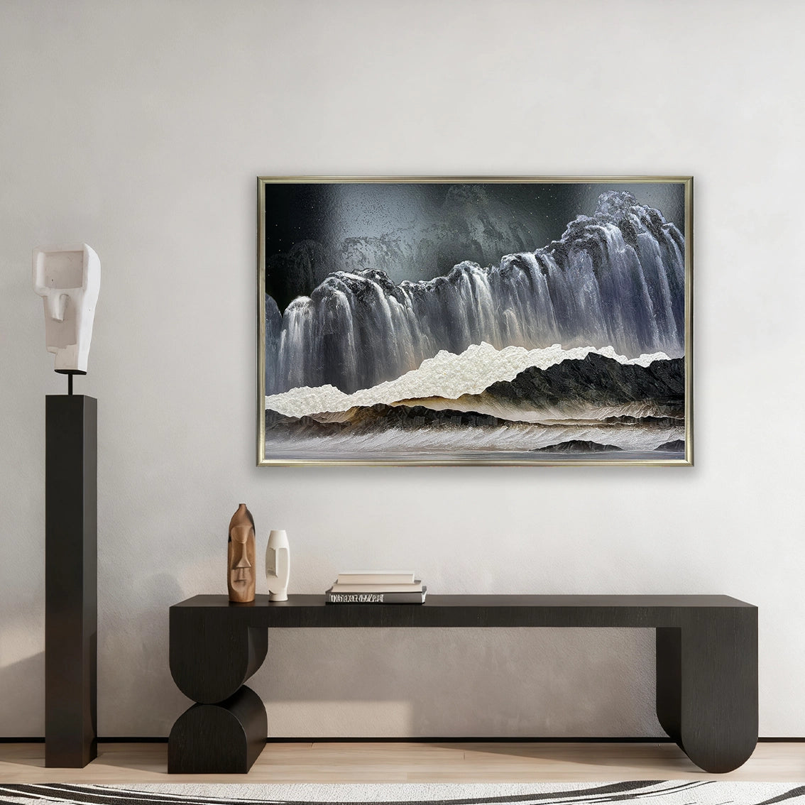Crystal-accented textured wall art adding a refined decorative touch to a modern room interior.