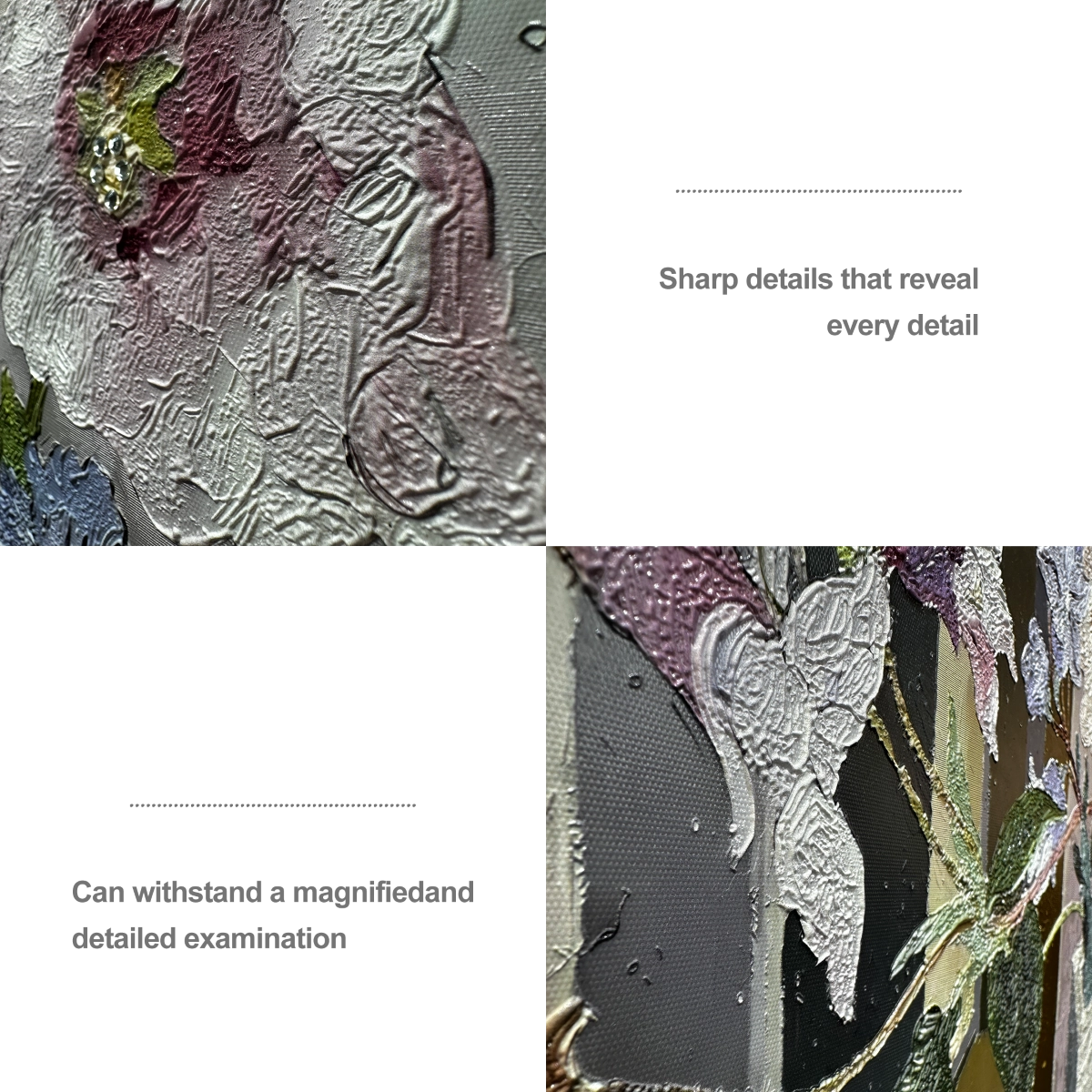 Close-up of textured floral painting with diamond inlay, highlighting fine details and handcrafted wall decor.