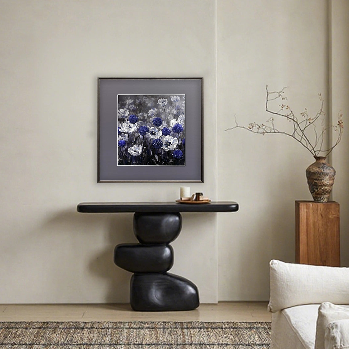 Textured floral diamond inlay wall art panel featured in a minimalist hallway, adding refined decorative style.