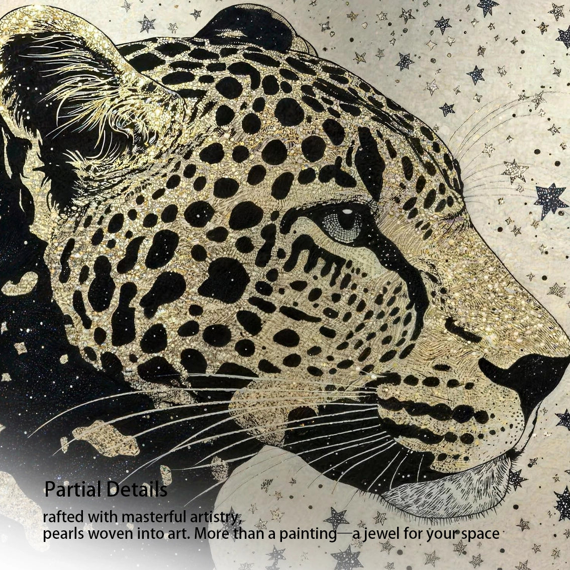 Close up of textured gold leopard wall art showing pearl inlay and detailed pattern.