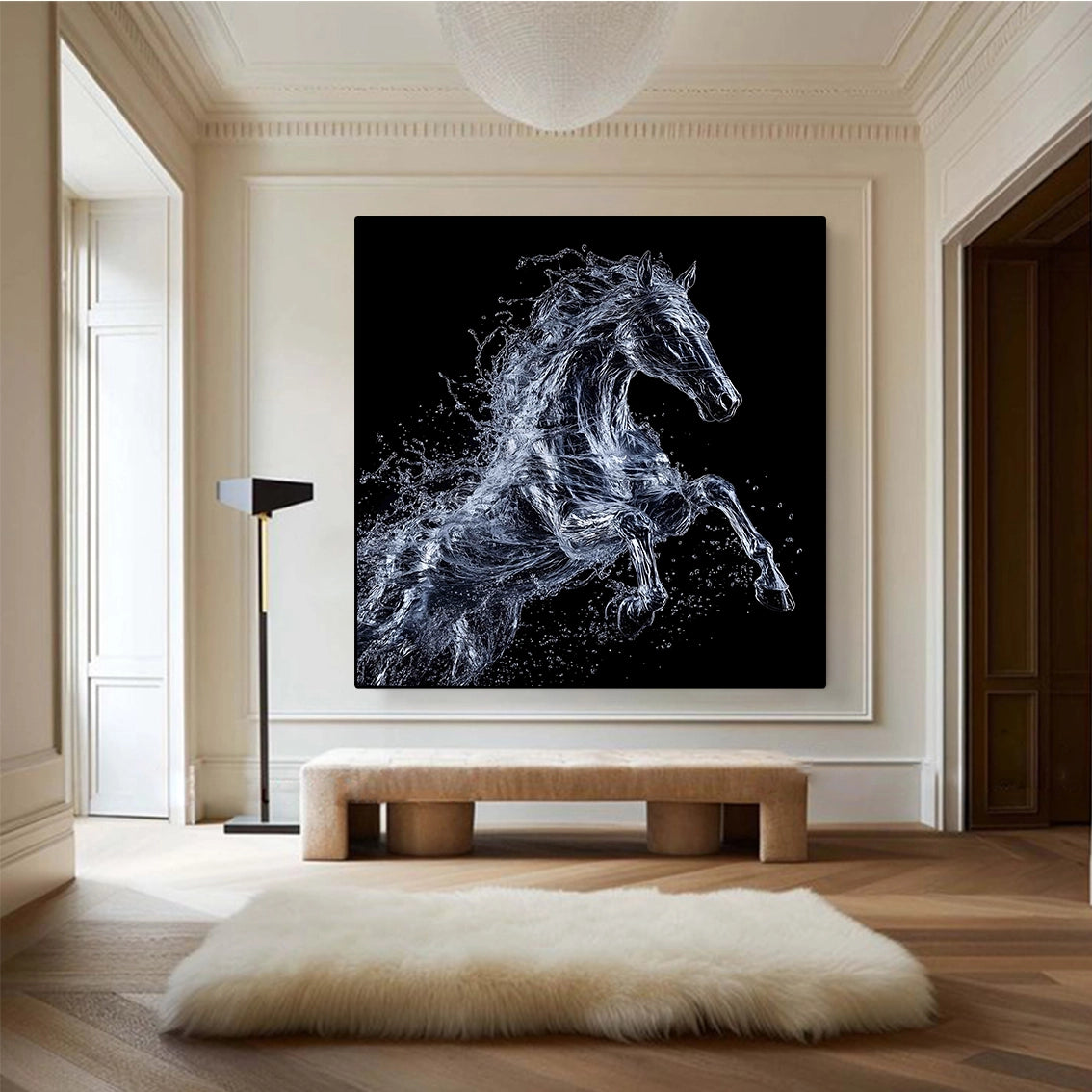 Textured horse wall art with diamond inlay adding luxury style to a grand contemporary space.
