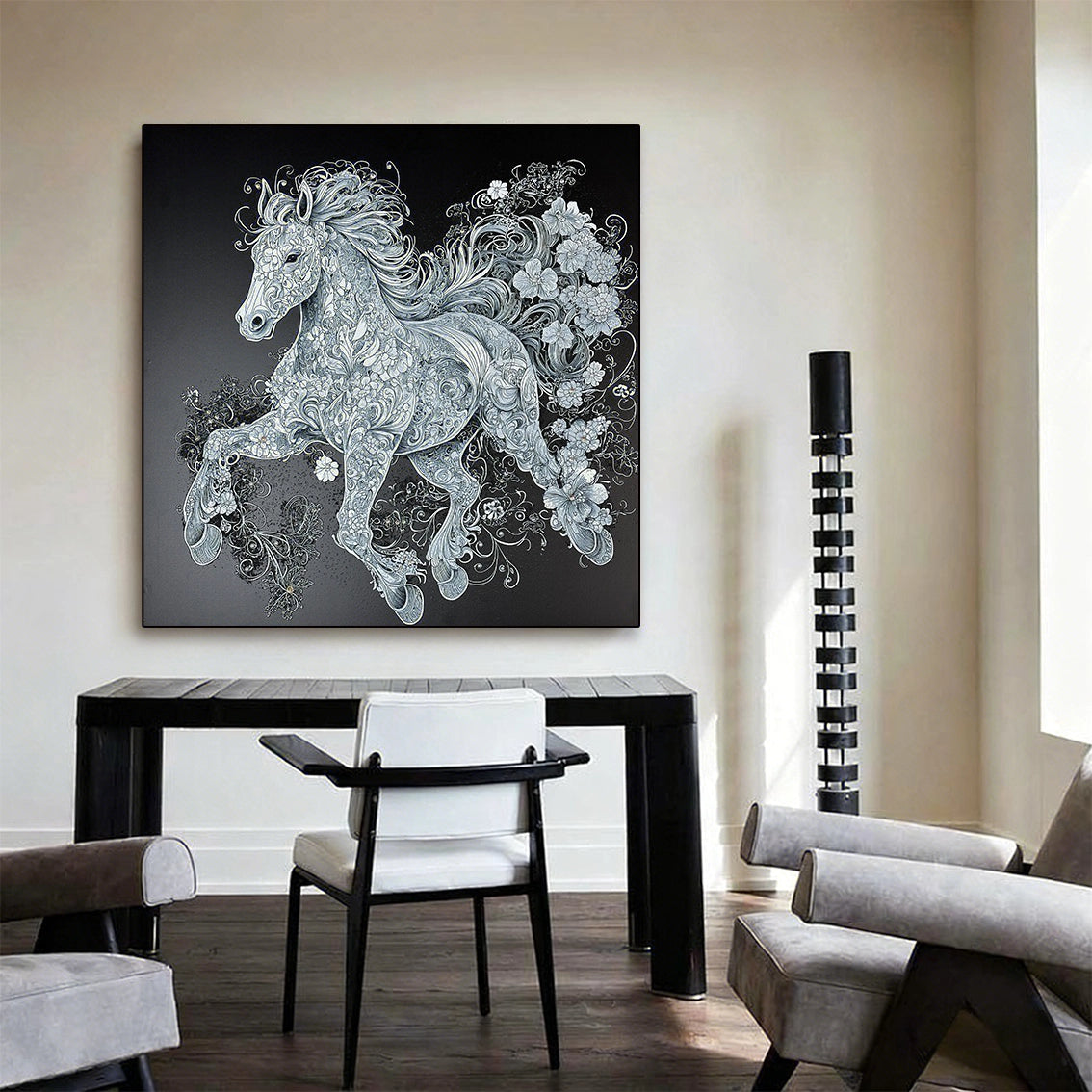 Elegant textured horse wall art with pearl and diamond details, perfect for modern living room decor.