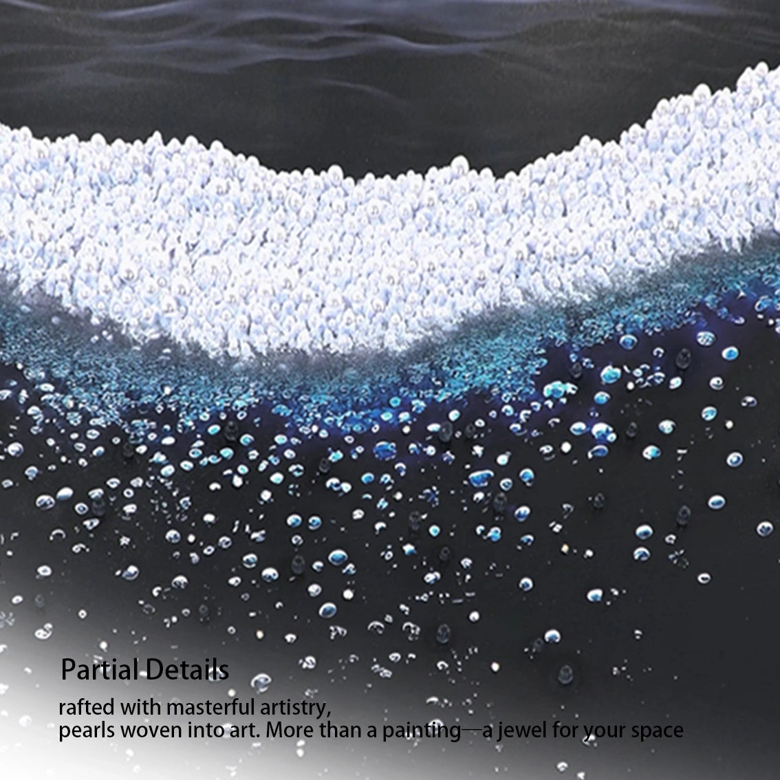 Close up of textured pearl ocean wall art showing wave texture and pearl accents.