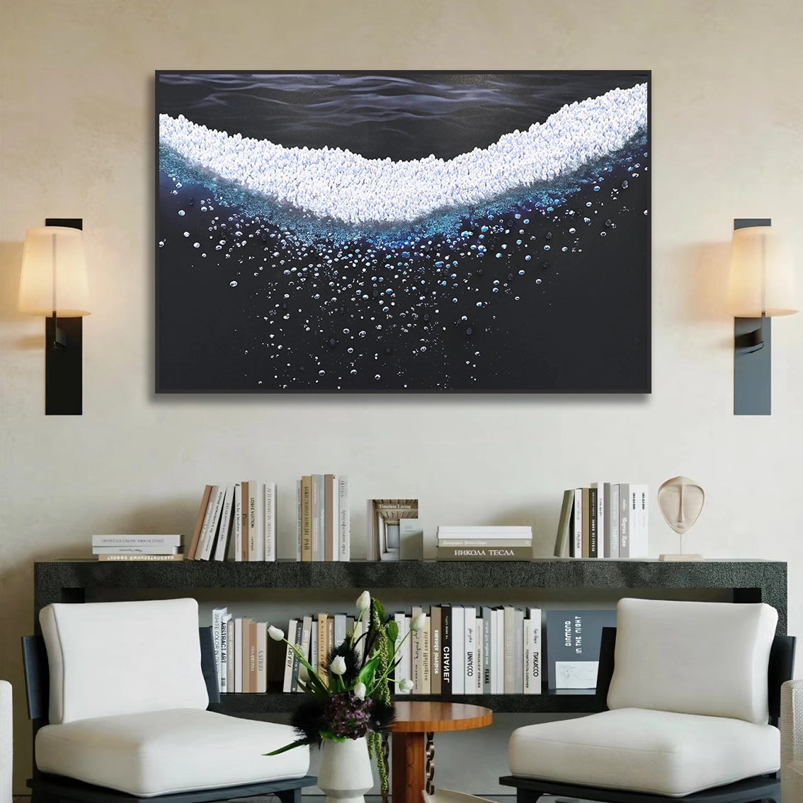 Textured pearl ocean wave wall art for living room above modern bookshelf decor.