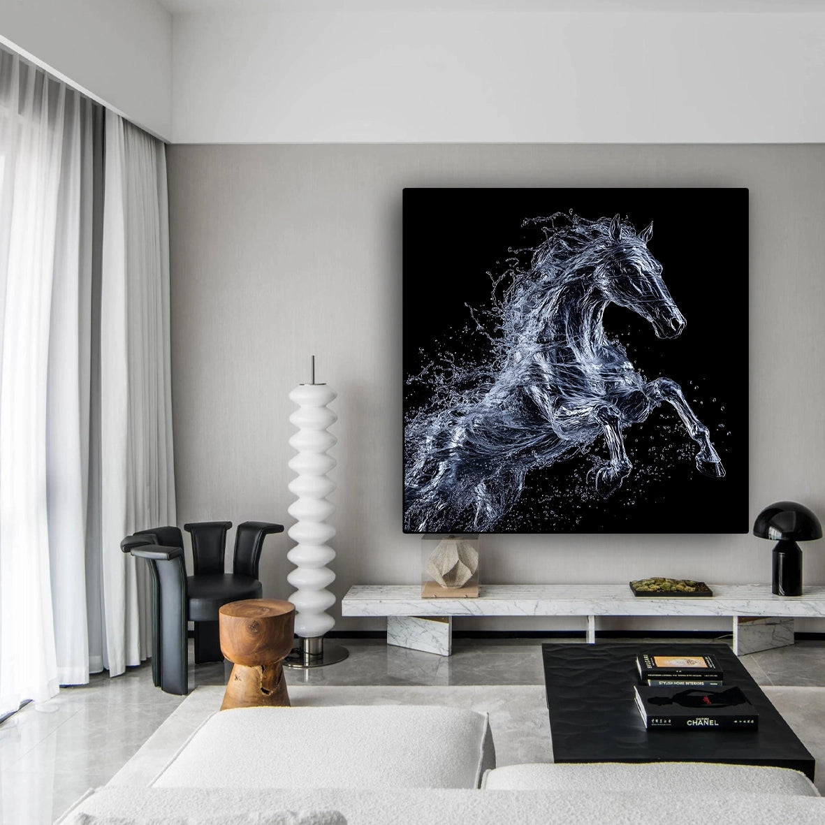 Textured galloping horse wall art with diamond inlay displayed in a modern living room.
