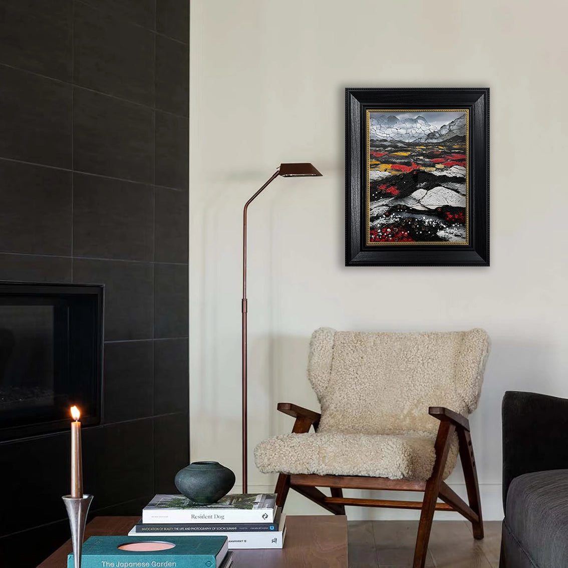 Textured wall art with pearl inlay in a cozy living room. Ideal for luxurious home décor.