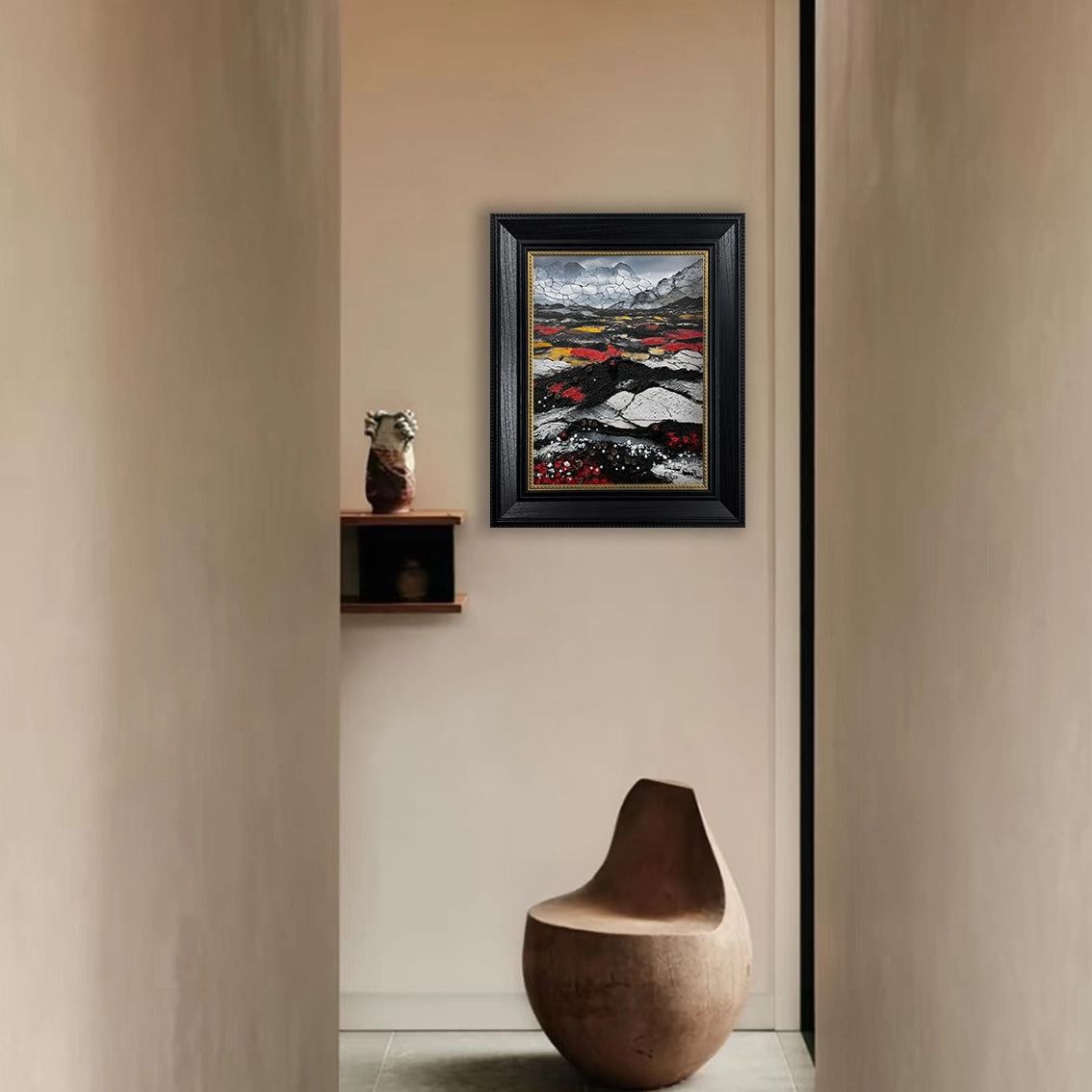 Textured wall art with pearl inlay, displayed in a stylish hallway. Perfect for modern luxury décor.