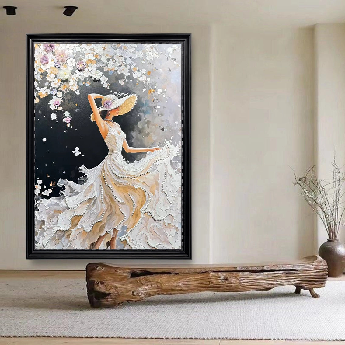Textured woman wall art with pearl inlay, displayed in a minimal interior for refined and modern wall decor.