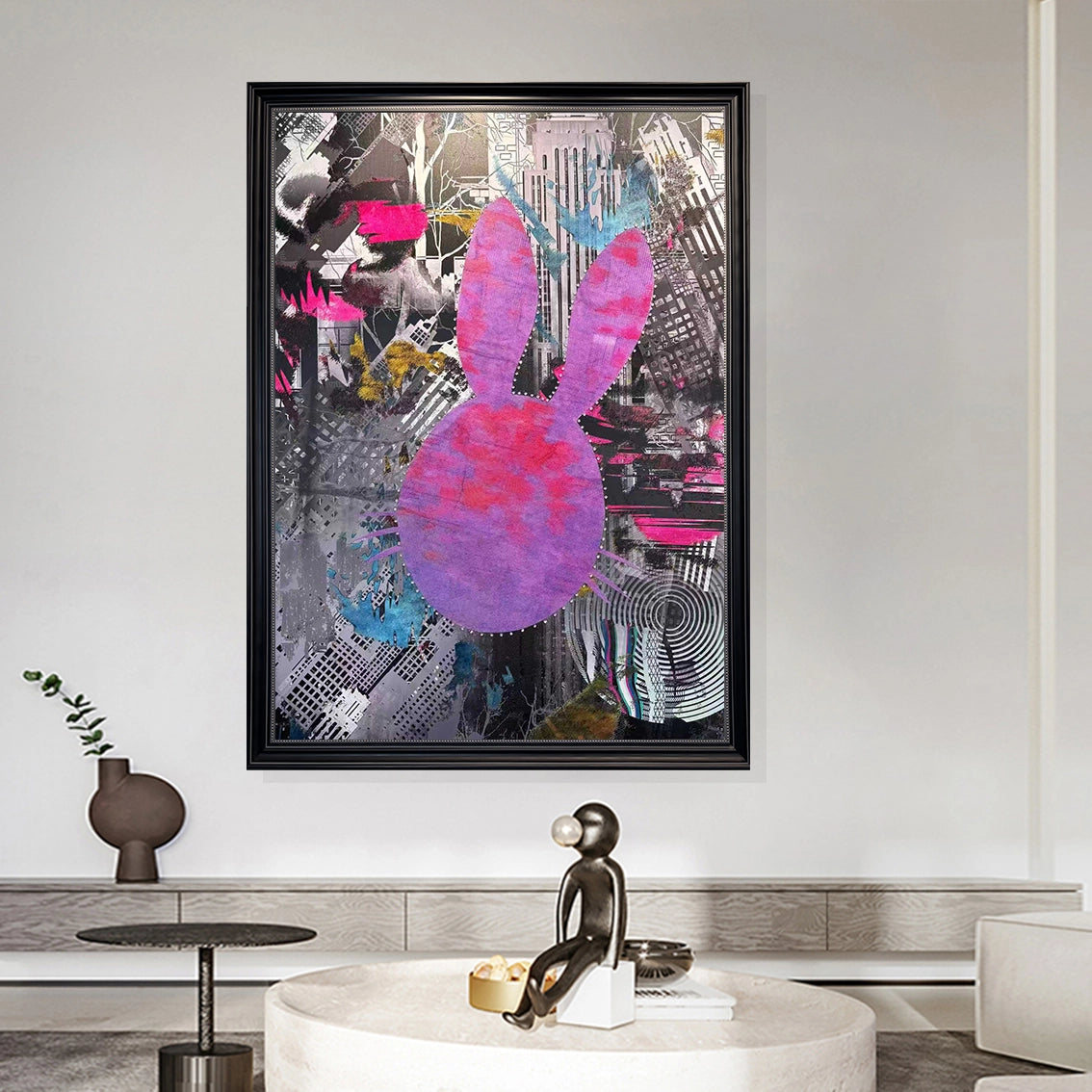 Modern urban bunny wall art with textured surface and diamond accents, ideal for living room decor.