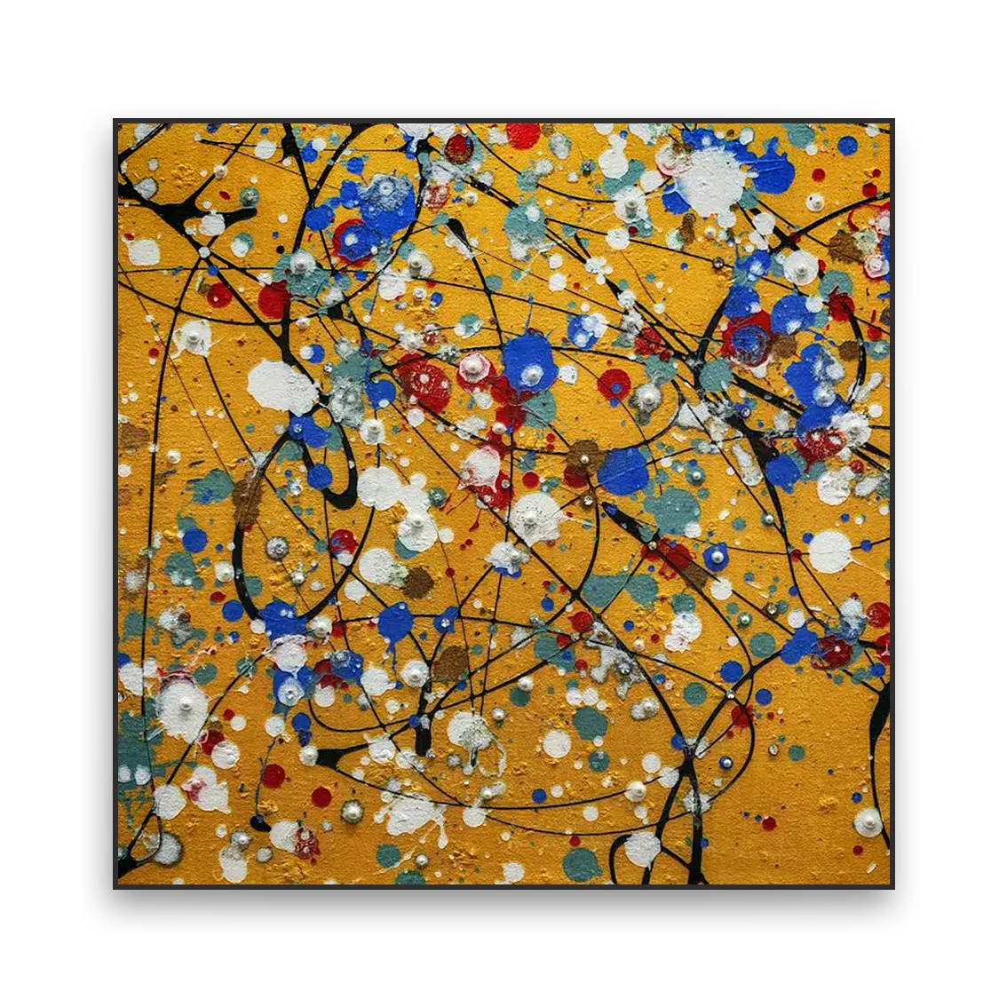 Yellow abstract wall art with heavy texture and pearl inlay details
